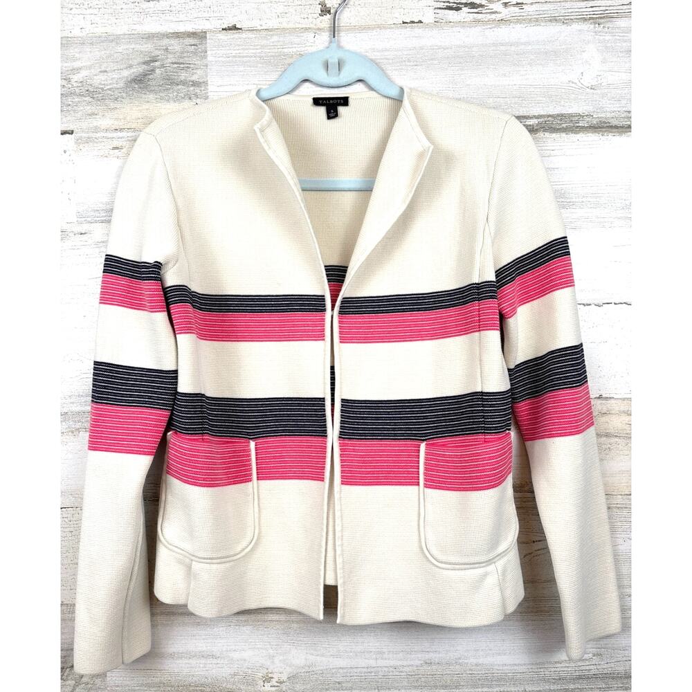 Talbots Ivory Multi Stripe Full Zip Knit Jacket Womens S Coastal Preppy